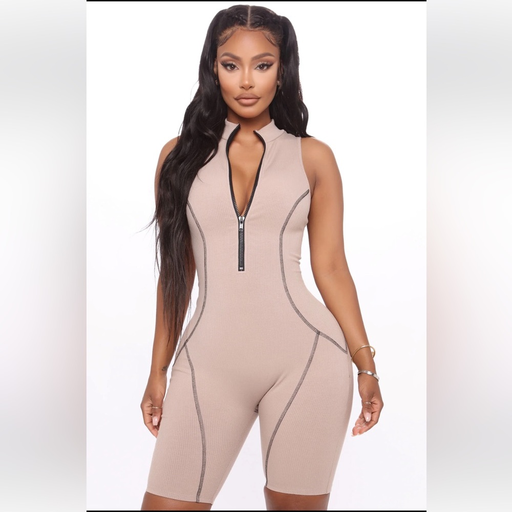 Sport Mode Biker Short Zipper Romper Taupe Size Large Fahion Nova Beige Brown